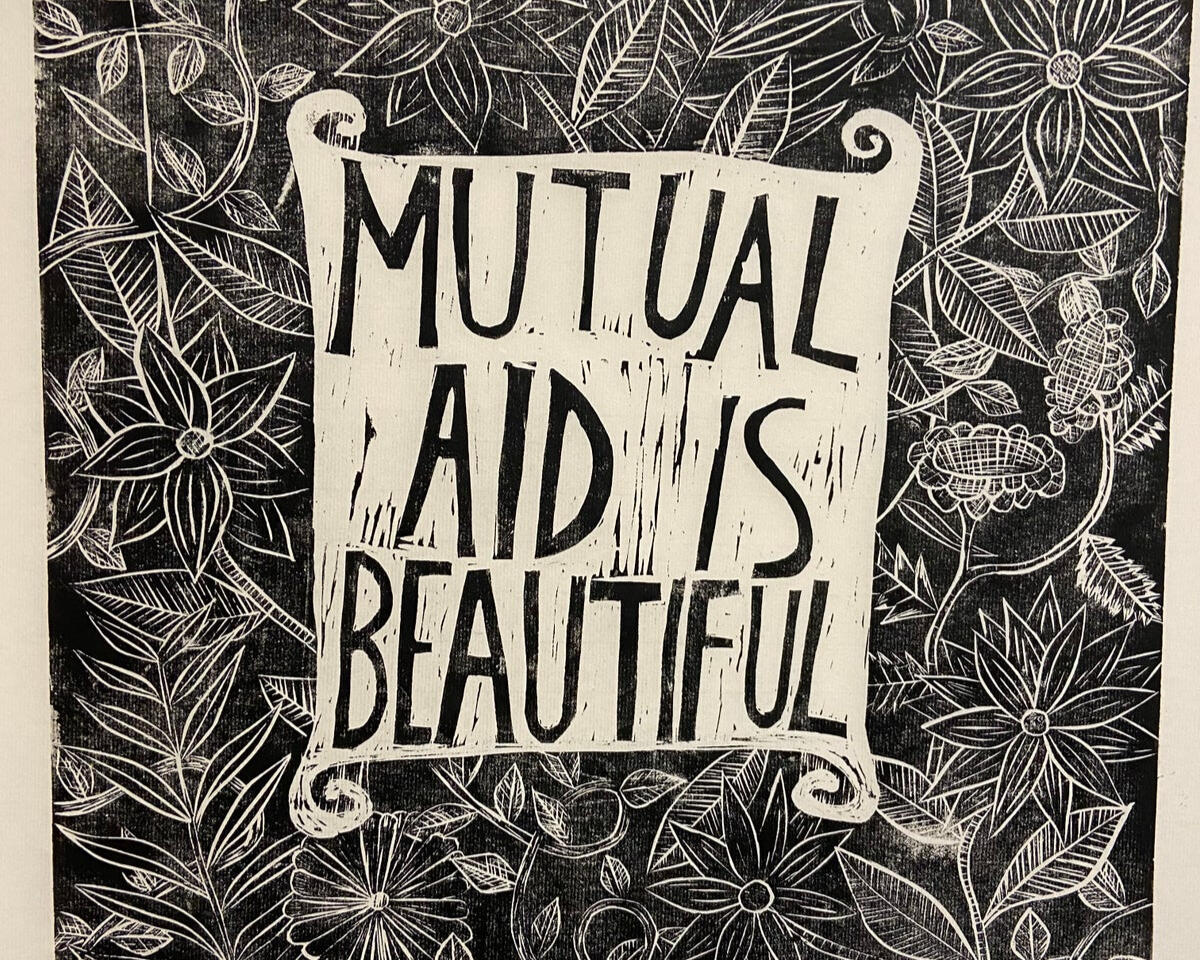 hand drawn art with a floral theme. the middle says mutual aid is beautiful